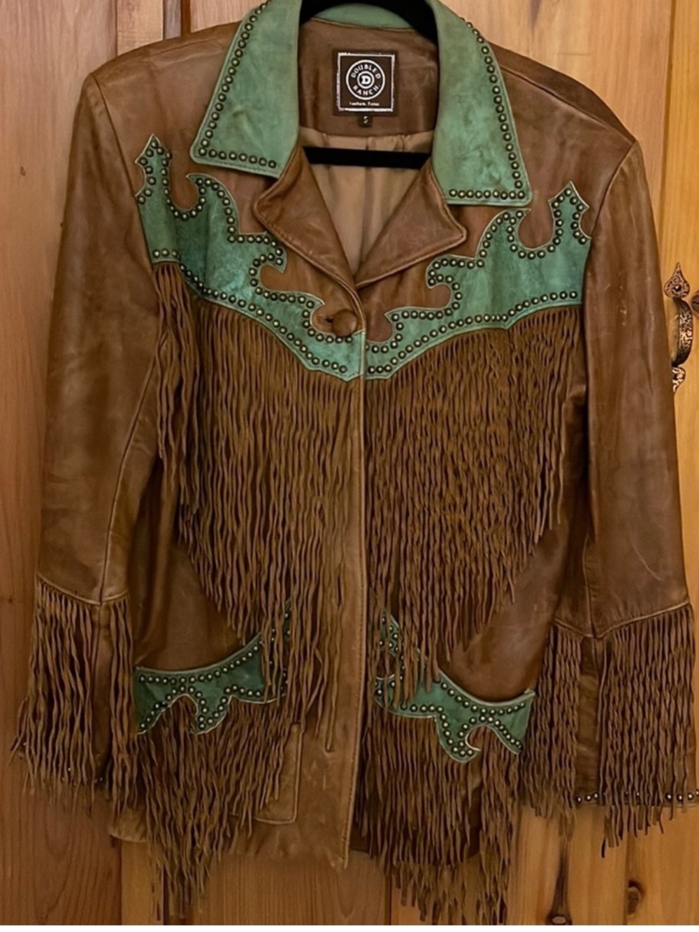 Double D Ranch leather fringe studded cowgirl jacket festival boho S RTL $1295 - Picture 2 of 8